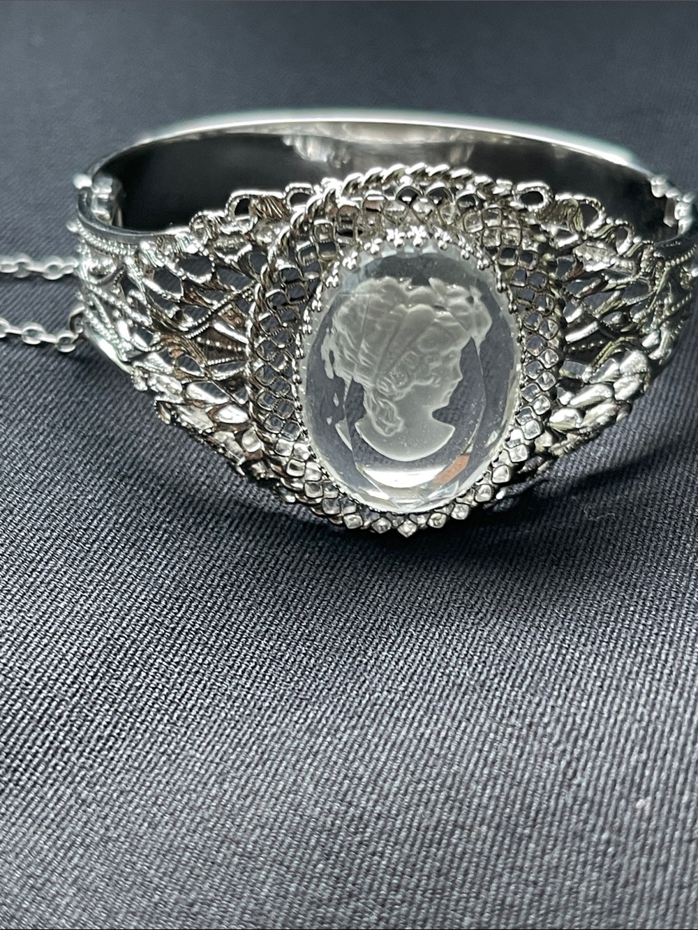 Silvertone Whiting and Davis Cameo Filigree Bracelet - Clear Crystal Cameo
